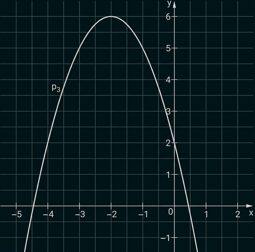 Parabel p₃ in einem Koordinatensystem mit nach unten geöffnetem Verlauf. Scheitelpunkt bei etwa (−2, 6).